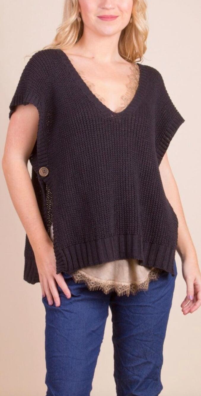 Gigi Moda Black Editta Sweater Vest Button Side Knit Lagenlook One Size